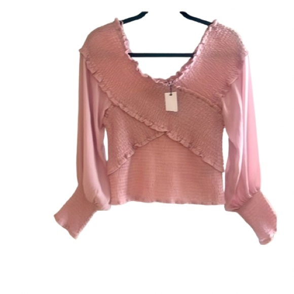 BB Dakota by Steve Madden Blush Pink Smocked Puff Sleeve Top L NWT Romantic Boho - Picture 10 of 11